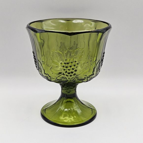 Indiana Glass Green Compote Pedestal Fruit Bowl Harvest Grape Pattern Vintage - Picture 2 of 11